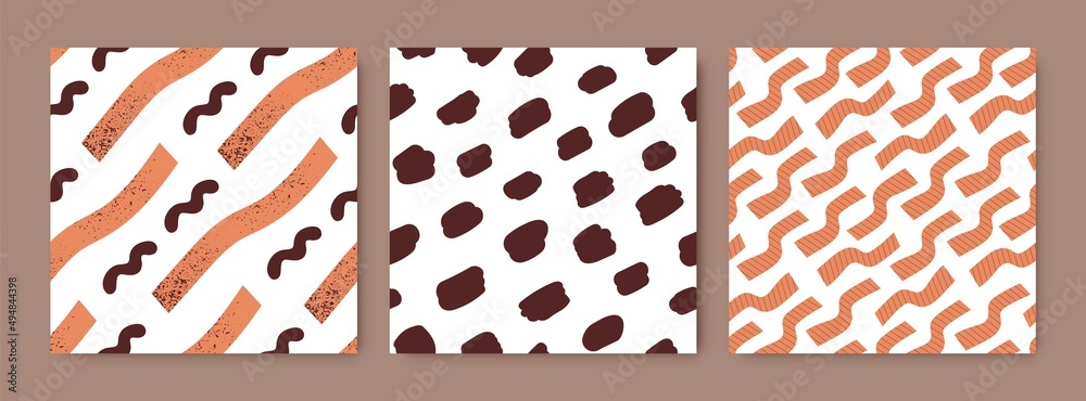 Poster Seamless textures with abstract patterns. Modern endless background designs with repeating simple creative print with doodle elements, brush strokes. Colored flat vector illustrations for textile