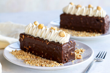 Chocolate cake with hazelnuts on a white background. close up