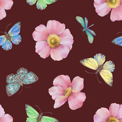 Fototapeta na wymiar Seamless ornament for wrapping paper, design, print. Abstract Delicate flowers and butterflies are painted with watercolors, digitally processed. Botanical pattern on an abstract background.