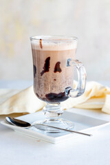 Homemade hot chocolate drink on a white background. close up
