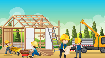 Fototapeta premium Building house construction site and workers