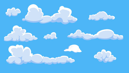 Set of different cartoon clouds isolated on blue sky panorama vector collection