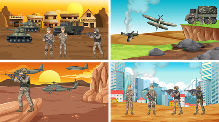 Set of different army war scenes