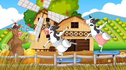 Obraz na płótnie Canvas Outdoor cow farm scene with happy animals cartoon