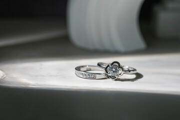 Close up of engagement diamond ring. Love and wedding concept. 