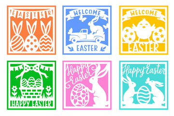 Easter card vector bundle with bunny,flowers,egg. For paper or laser cutting and sublimation. Happy Easter phrase. Cute characters with spring symbols. Holiday papercut template.