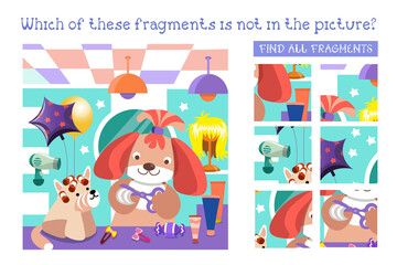 Cute dogs at barbershop. Find all fragments. Game for children. Cartoon characters. Vector illustration.