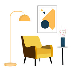 Fototapeta premium Vector image of a yellow chair. Soft armchair, lamp , plants and picture. Illustration in a flat style.