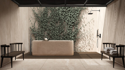 Modern bathroom in dark tones, japanese zen style, exterior eco garden with ivy, concrete walls and wooden floor, bamboo ceiling. Bathtub and shower. Minimalist interior design idea
