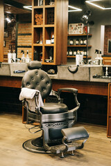 Barbershop chair. Modern barbershop and barbershop, men's barbershop.