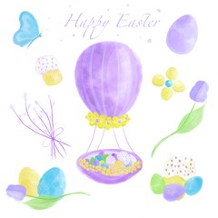 Happy Easter watercolor set. Purple balloon basket with multi-colored eggs and apiaries. Blue butterfly, pussy-willow, yellow daisies and tulips. Title Happy Easter. For holidays, invitations, postcar