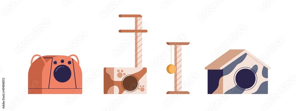 Poster Cats furniture and supplies set. Kitty house, toilet, carrier, scratching post, playground with climbing platforms, condo towers. Pets equipment. Flat vector illustrations isolated on white background