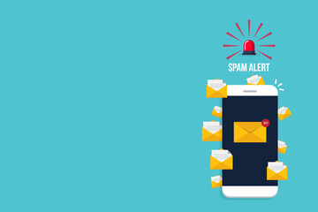 Spam, spamming concept, a lot of emails on the screen of a smart phone. Email box hacking, spam warning. - obrazy, fototapety, plakaty