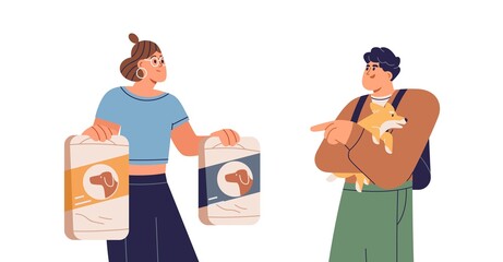 Pet owner buying, choosing canine feed. Buyer making purchase, doggy supplies. Vendor, seller sells animals goods, food to customer in zoo store. Flat vector illustration isolated on white background