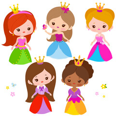 Beautiful princesses with pretty dresses. Vector illustration set