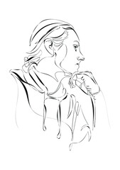 The face of a thoughtful girl in profile, drawn in a single black line on a white background.