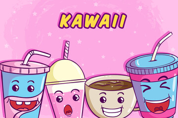 set of kawaii soda cup, milkshake and cofffee cup with funny expression
