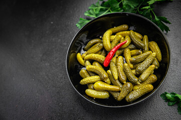 cucumbers gherkins salted pickled canned vegetable food fresh meal food diet snack on the table copy space food background 