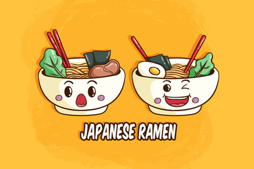 kawaii ramen or asian noodle with doodle style