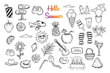 hello summer doodle icons or elements. hand drawn cute summer vector illustration