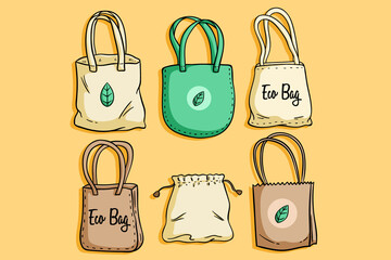 set of colorful eco bag with hand drawing style on white background