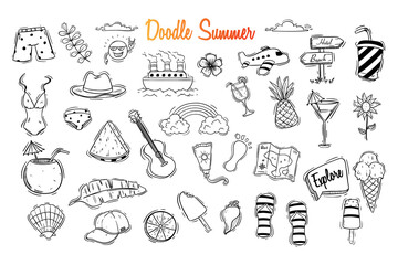 doodle summer icons or elements collection. hand drawn summer vector illustration
