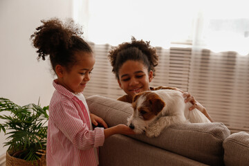 Two beautiful black girls of different age playing with their adorable wire haired Jack Russel...
