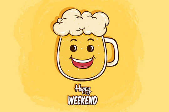 kawaii beer glass with smile expression on yellow background