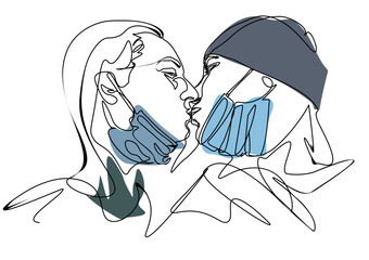 Drawing with a single black line on a white background depicting a couple kissing with their masks pulled down.