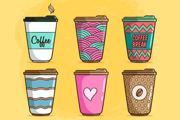 colorful coffee paper cup collection on yellow background