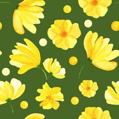 Fototapeta na wymiar Abstract yellow transparent flowers with green leaves watercolor beautiful seamless patterns illustration