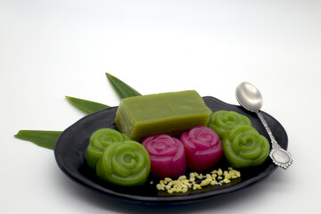Thai dessert menu. Name of dessert layer. Sweet taste. Good smell. Colorful. White background.Include Clipping Path.