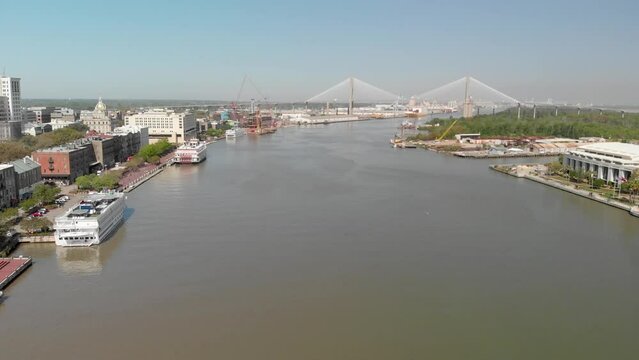 Savannah aerial view from city river, Georgia