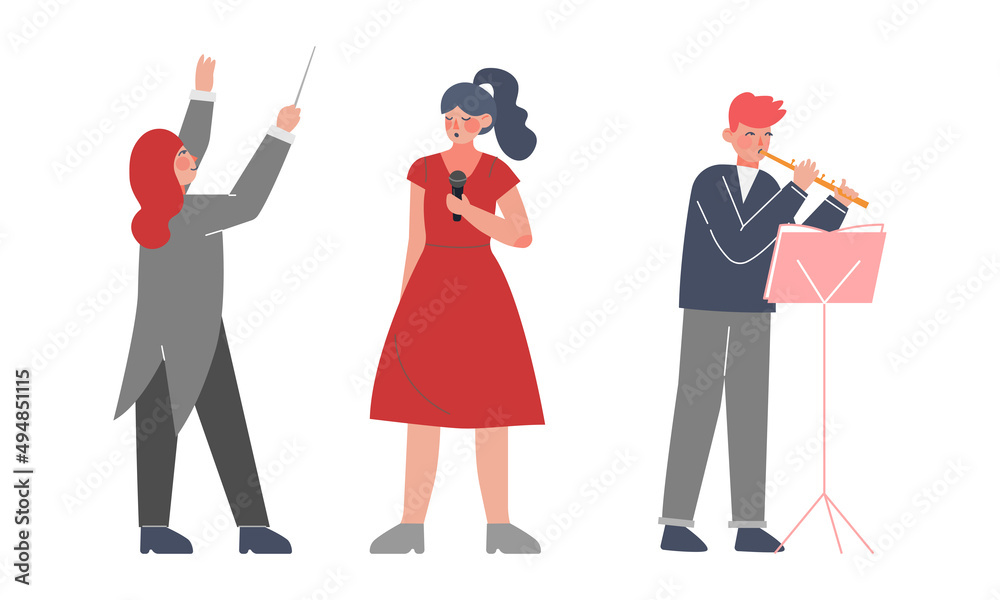 Sticker Professional musician, singer and conductor characters performing on stage vector illustration