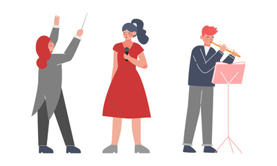 Professional musician, singer and conductor characters performing on stage vector illustration