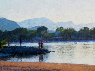 Bay of Port d'Alcudia on the Balearic island of Mallorca. Painted