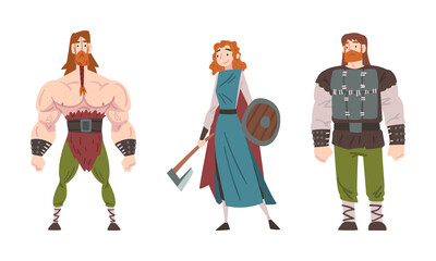 Male and female Scandinavian viking warriors with weapon set cartoon vector illustration
