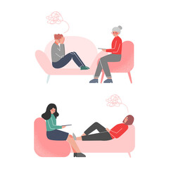 Obraz premium Professional psychotherapist counselling patient set. Psychological help, mental health cartoon vector illustration