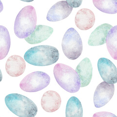 Seamless Watercolor Pattern of Multicolored  Pastel Easter Eggs on White Background. Abstract  Illustration for Wallpaper, Fabric and Postcard