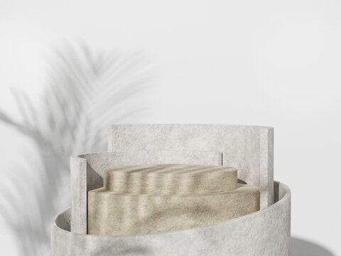 Mock up of stone podium and plant shadow, Cosmetic presentation. 3d rendering.