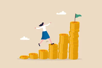 Fotobehang Woman investing, savings or investment for lady or female, growing wealth with compound interest, earning or profit concept, success woman investor step on money coins stack to reach financial goal. © Nuthawut