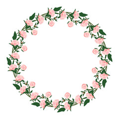 Wreath of peonies. Round frame, pink cute flowers and leaves. Spring pink blooming composition with buds. Holiday decorations for wedding, holiday, postcard, poster and design. Vector illustration
