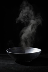 Empty soup bowl with steam in a dark kitchen. Black background. Surreal dark food photography...