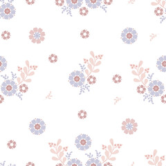 Floral seamless pattern. Delicate pastel floral compositions on white background. Vector illustration. Botanical pattern for decor, design, print, packaging, wallpaper and textile