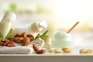 Bath and cosmetic products with almond extract in bathroom front