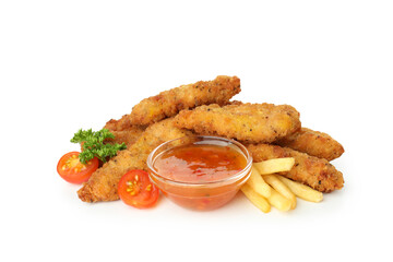 Concept of fast food with chicken strips isolated on white background