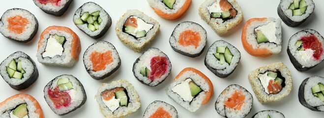 Concept of tasty food with sushi, top view