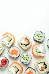 Concept of tasty food with sushi, space for text