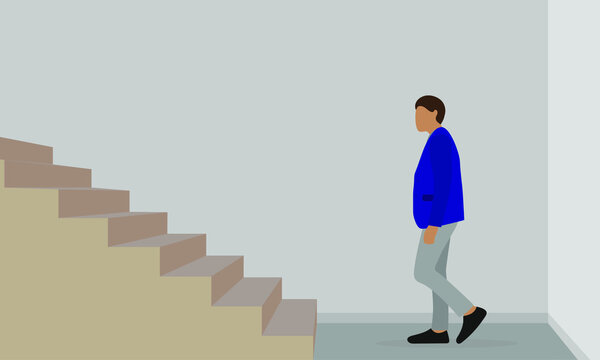 Male character stands near stairs indoors