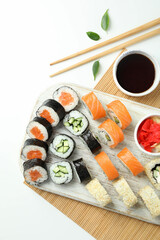 Concept of tasty food with sushi, top view